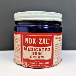Vintage Nox-Zal Medicated Skin Cream Cobalt Blue Jar 1960s 12oz white lid Z1